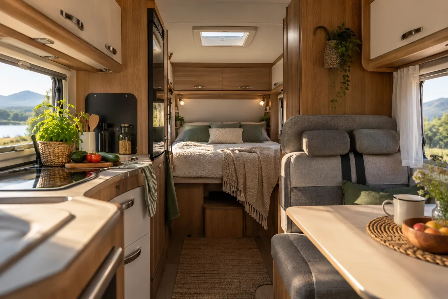 Interieur van een camper met bed, keuken en houten opbergkasten.