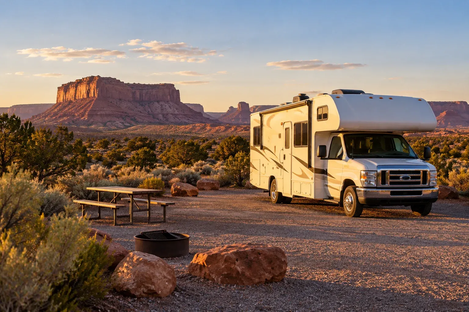 Camper op een kampeerplaats in een woestijnlandschap met rode rotsen.