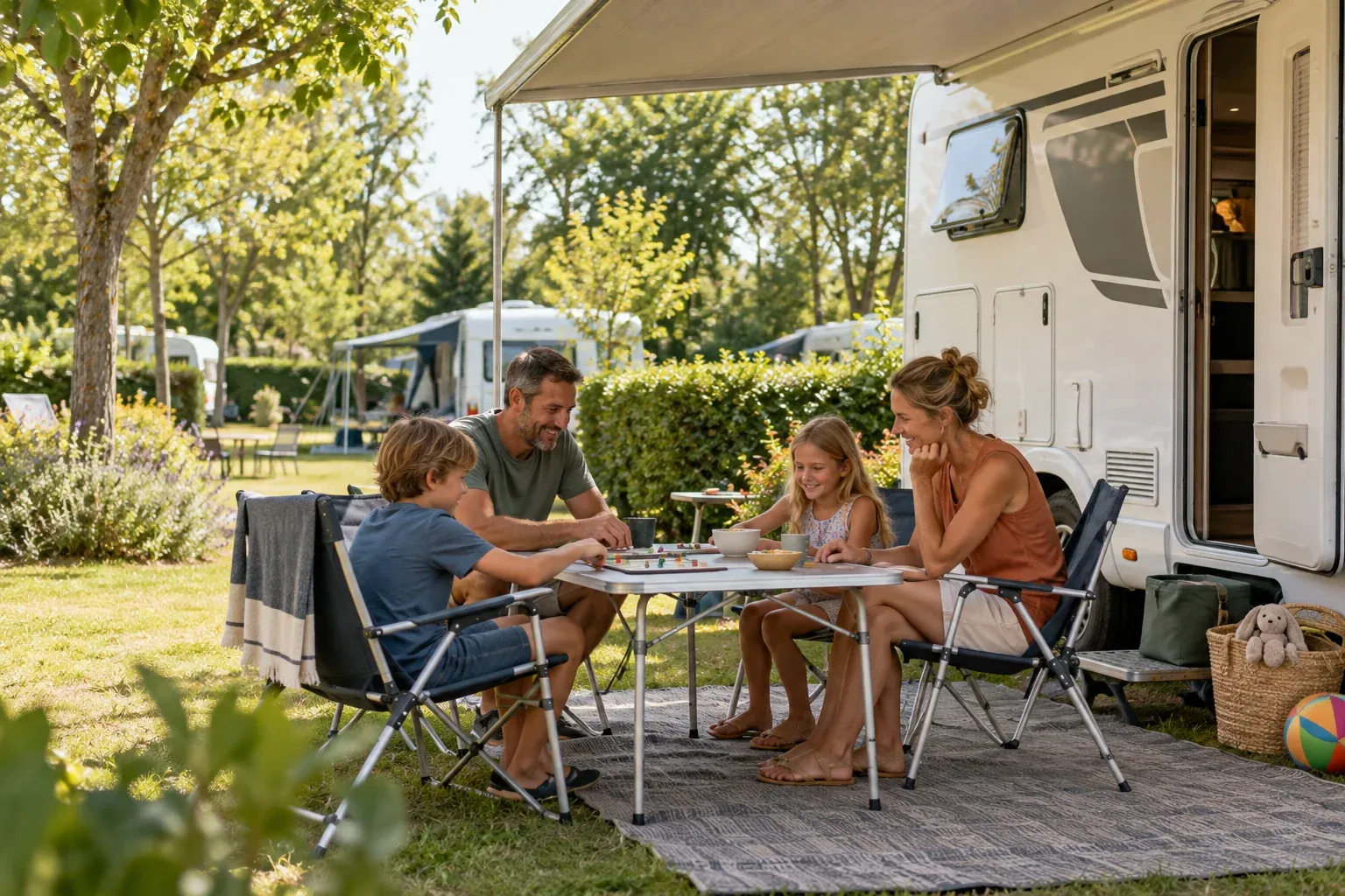 Gezin aan een buitentafel naast een geparkeerde camper.