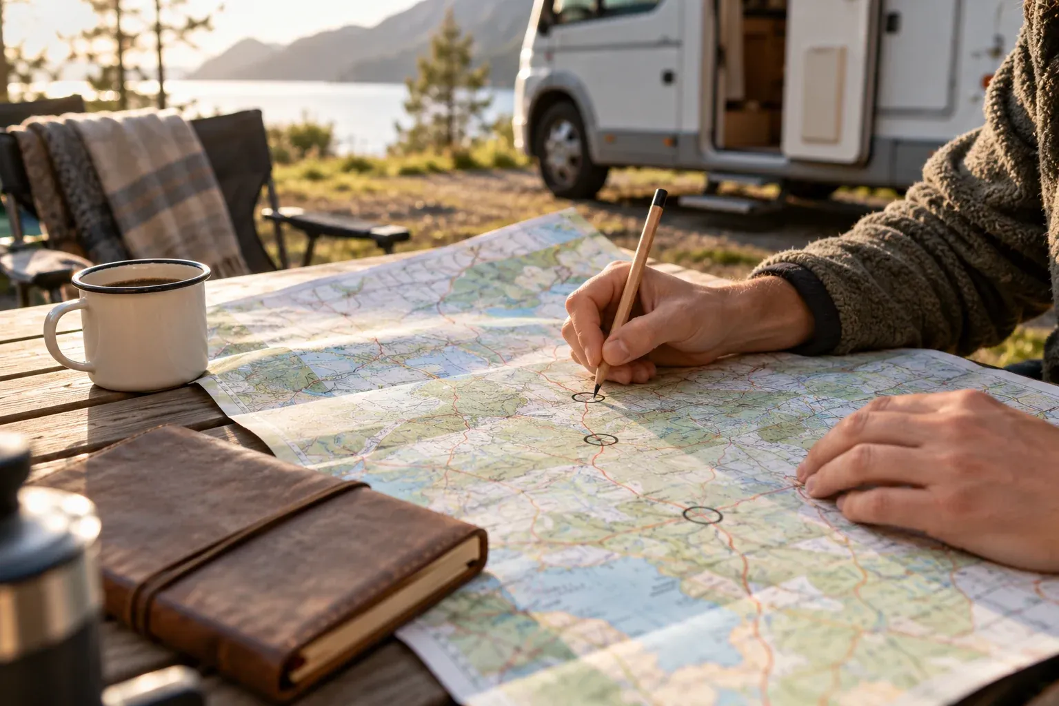 Handen met potlood boven een routekaart op een campingtafel.