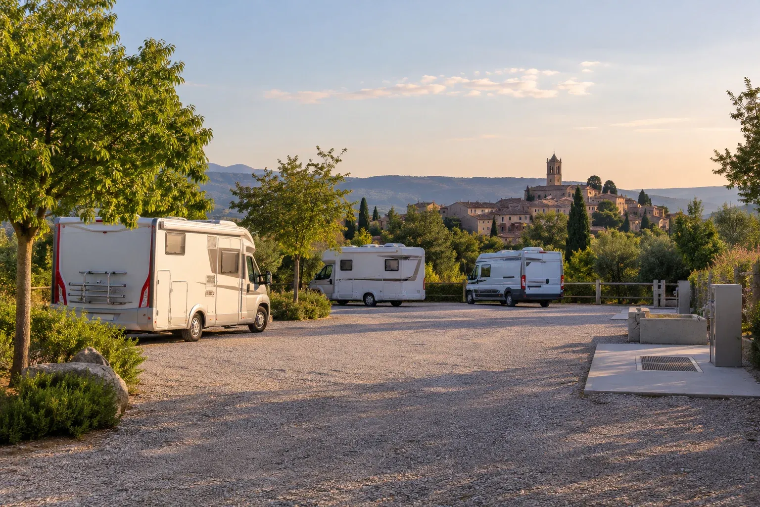 Ruim opgezette camperplaats met geparkeerde campers en een apart servicegedeelte.