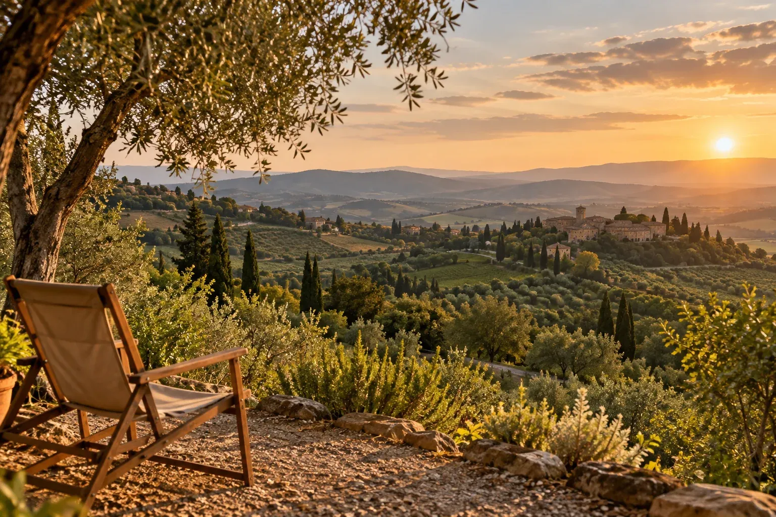 Glooiende heuvels met olijfbomen en een dorpje in een Toscaans aandoend landschap.