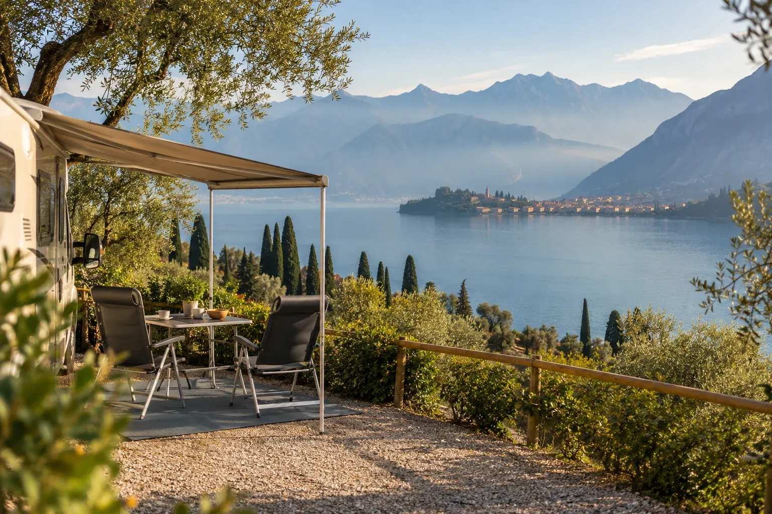 Kampeerplaats met uitzicht over een Italiaans aandoend meer en bergen.
