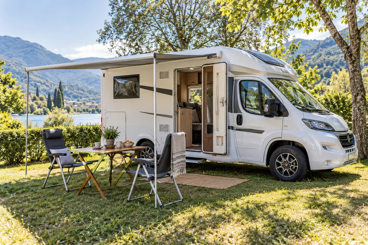 Witte camper op een kampeerplaats met twee stoelen en een buitentafel.