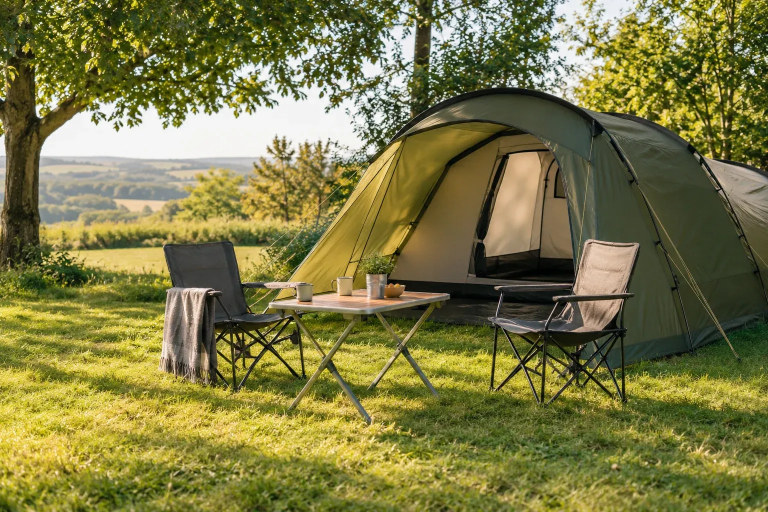 Tent met twee stoelen en een tafel op een groen kampeerveld.