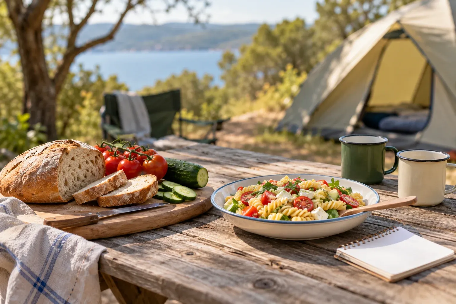 Eenvoudige lunch met brood, groenten en pastasalade op een campingtafel.