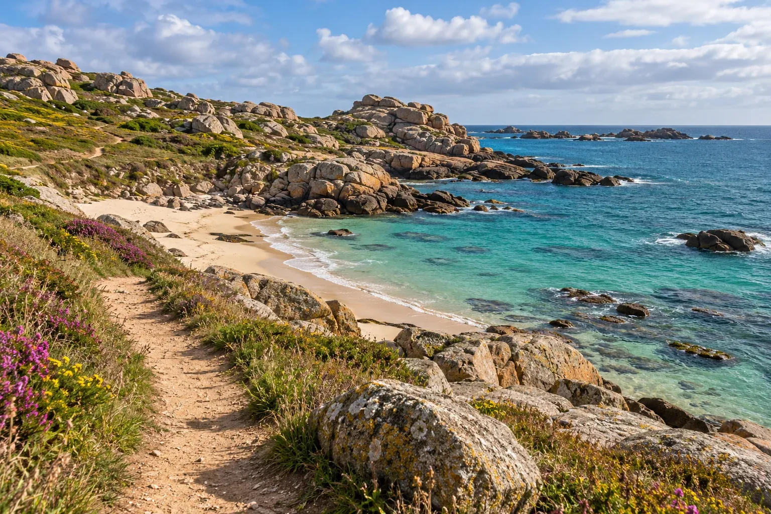 Rotsachtige kust met een wandelpad en kleine zandbaai in een Bretons aandoend landschap.