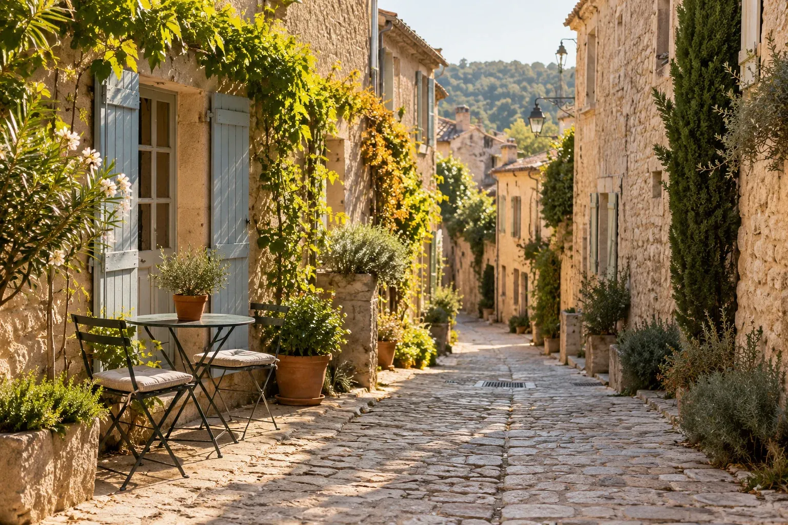 Rustig straatje met stenen huizen en luiken in een Provençaals aandoend dorp.