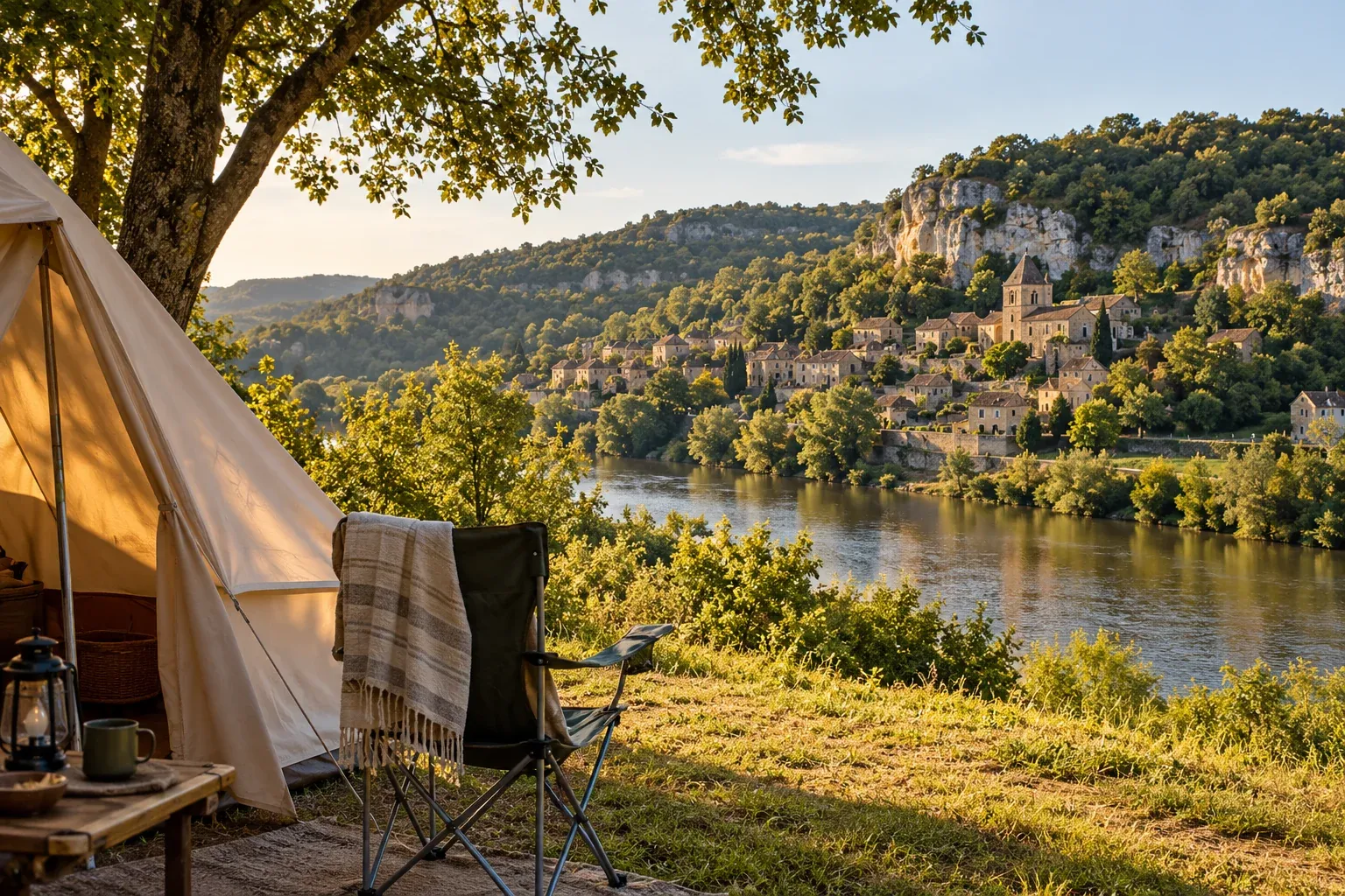 Kampeerterras met uitzicht over een rivier naar een Frans aandoend dorp.