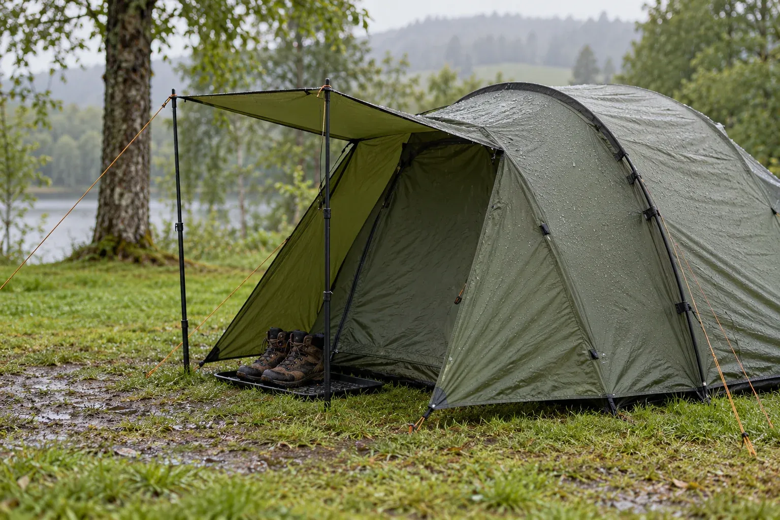 Tent in lichte regen met schoenen bij de overdekte ingang.
