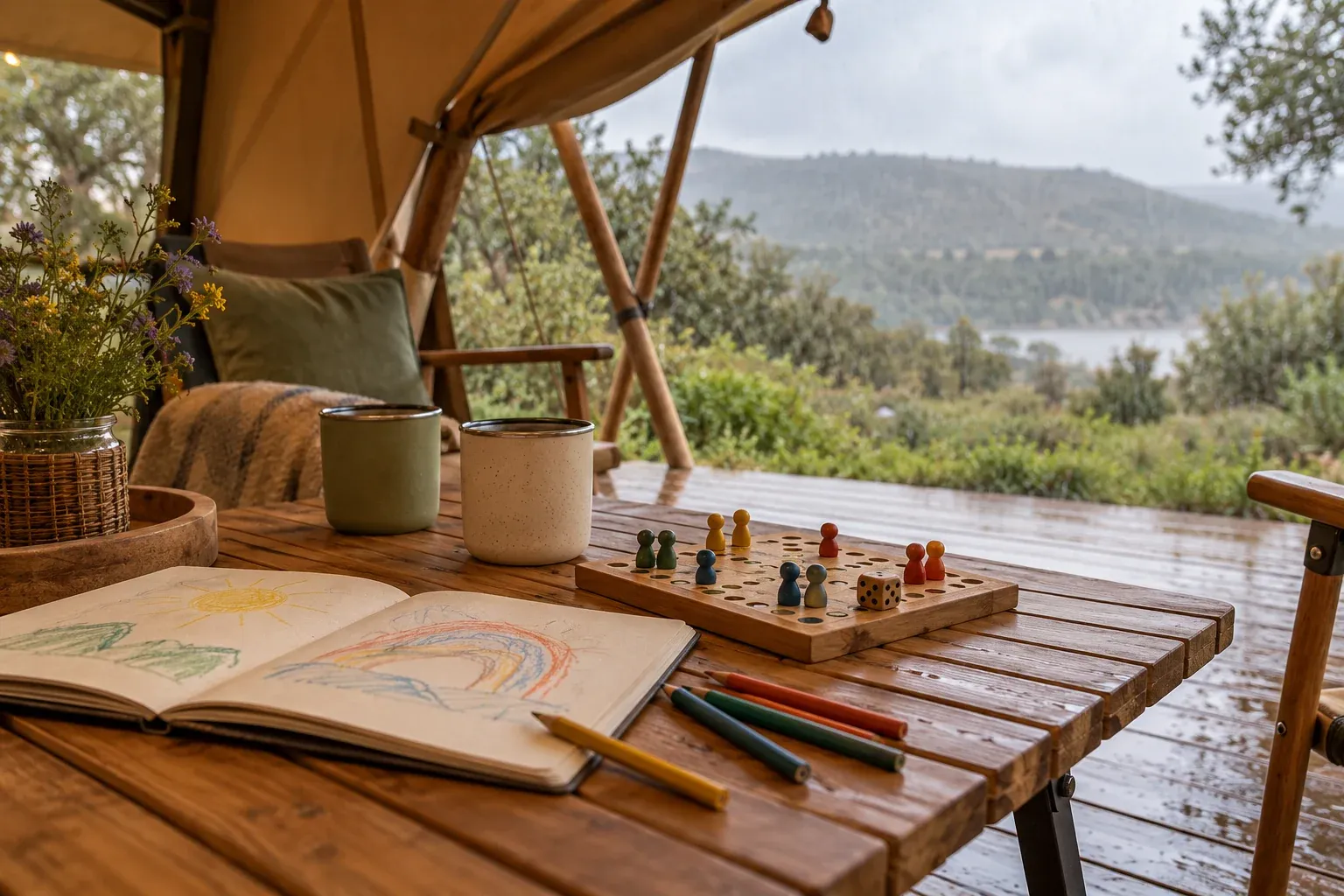 Tekenspullen en een eenvoudig spel op een tafel onder de overdekte veranda van een tent.