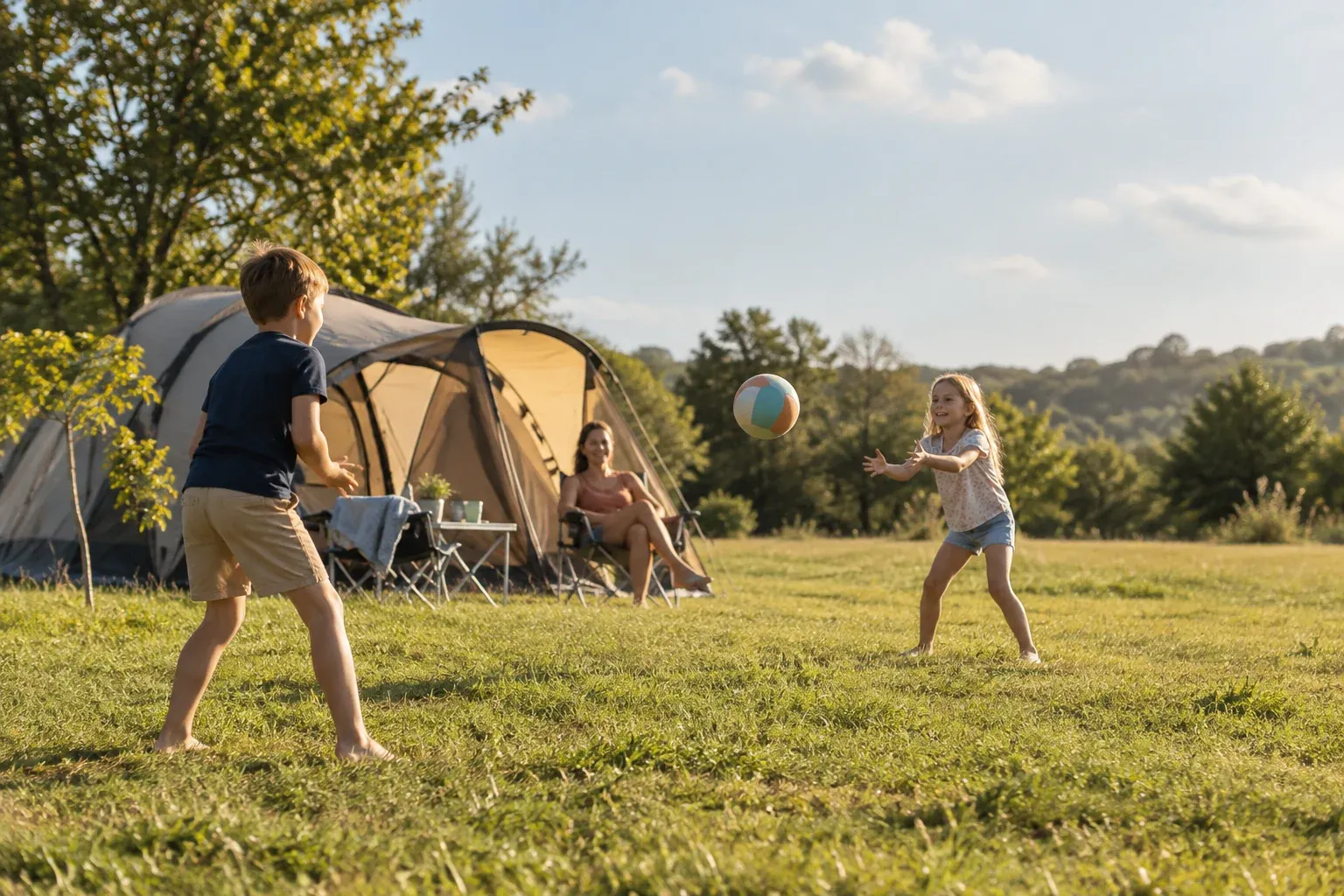 Twee kinderen spelen met een bal op een overzichtelijk groen kampeerveld bij een tent.