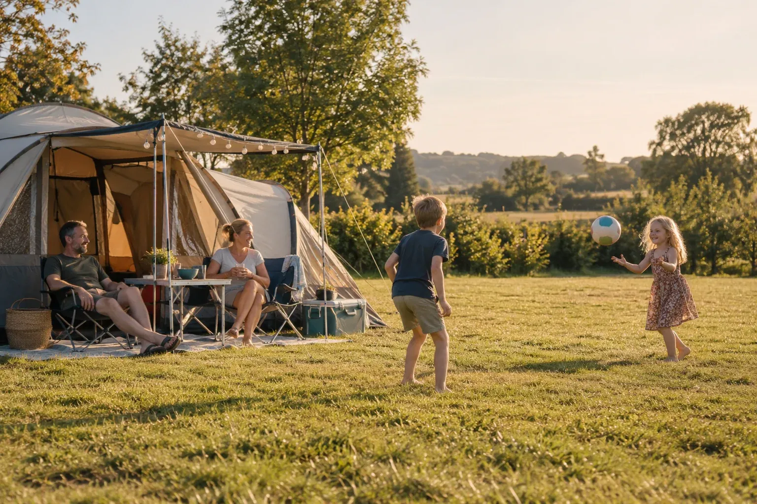 Gezin bij een tent met spelende kinderen op een grasveld.