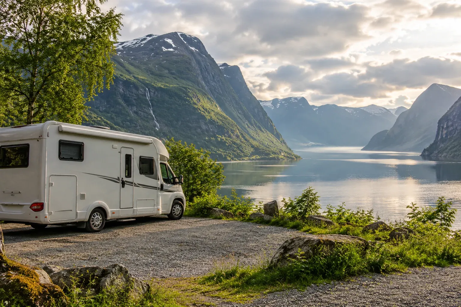 Camper op een aangelegde kampeerplaats met uitzicht op een fjord.
