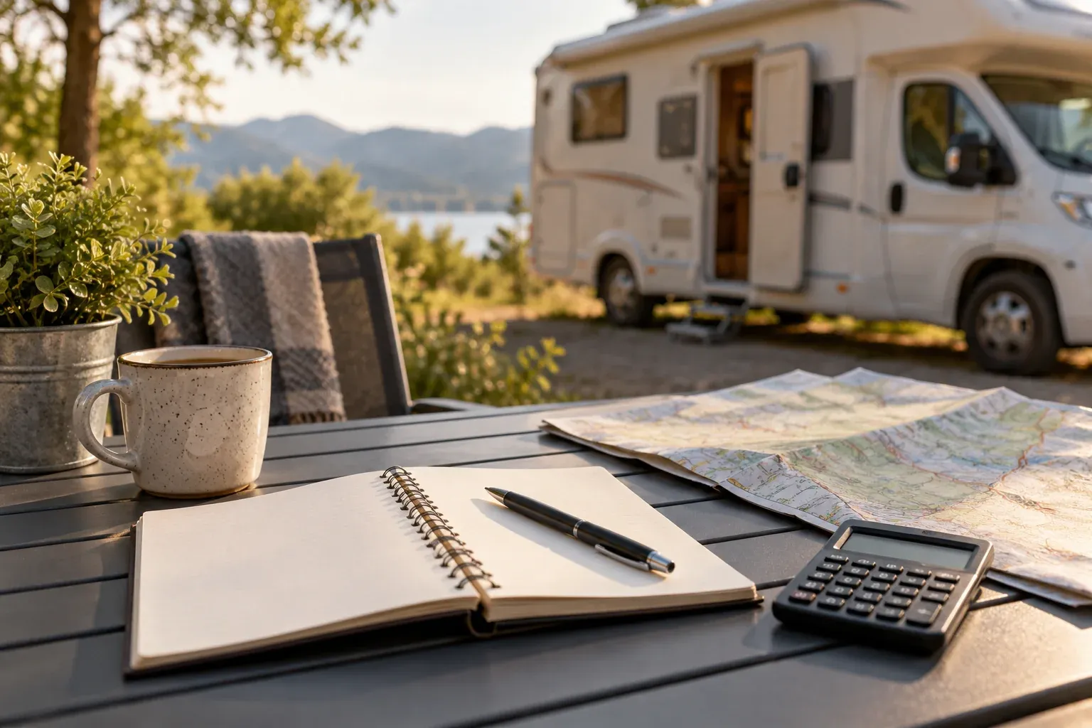Notitieboek, kaart en rekenmachine op een campingtafel met een camper op de achtergrond.