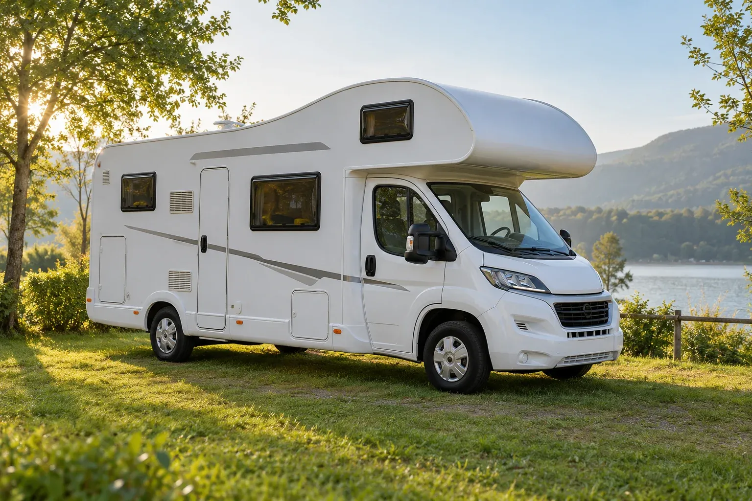 Witte camper met een duidelijke alkoof boven de bestuurderscabine op een kampeerplaats.