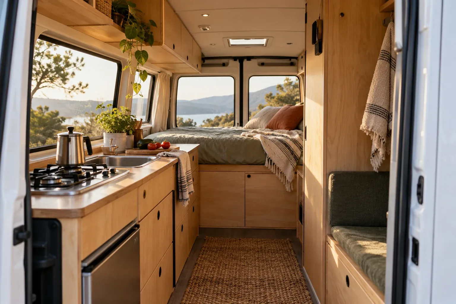 Voorbeeld van een compacte camperindeling met een bed, keukenblok en houten kastjes.
